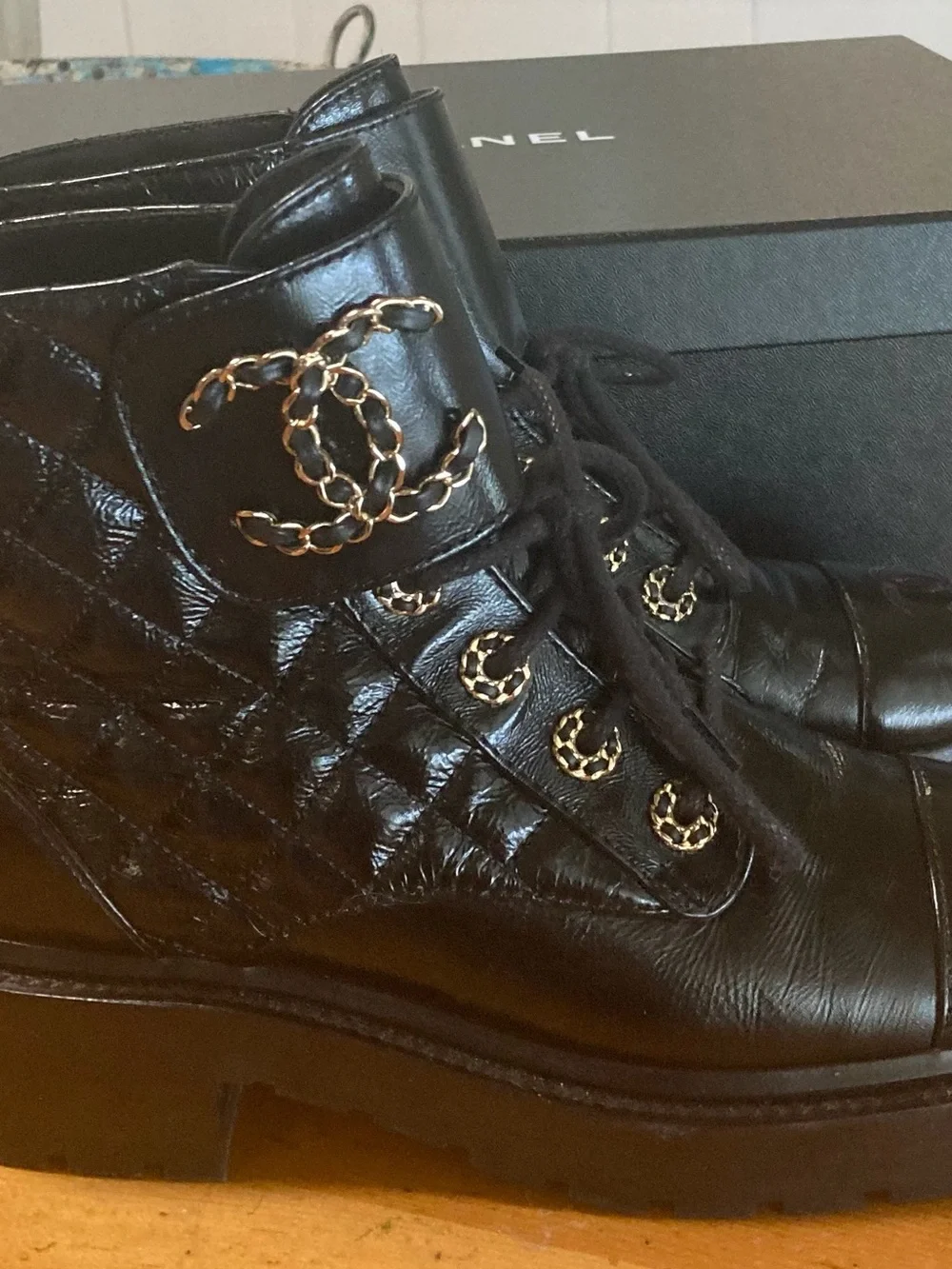 CHANEL Authentic Black Shiny Leather Low Heel Lace Up Combat Boots USA Size 6~